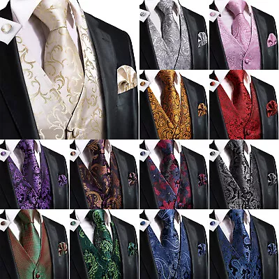 Mens Gold Blue Red Paisley Dress Vest Neck Tie Hankie Set Suit Tuxedo Waistcoat • $16.99