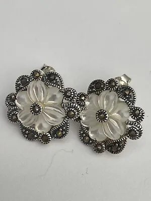 Sterling Silver Mother Of Pearl  Marcasite Stud Earrings  Flower Design 1.8 Cm • £12.90