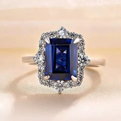 2.50CT Emerald Lab Created Blue Sapphire Diamond Halo Ring 14K White Gold Plated • $93.09