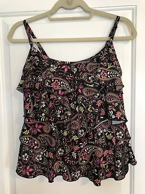 Miraclesuit Ruffle Tankini Paisley Tiered Women's Size 8 Black Pink Swim Top • $15.95