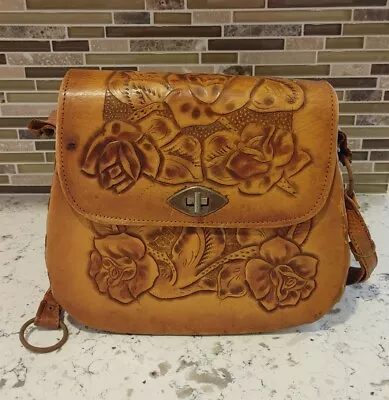 Vintage Tooled Leather Purse Brown Roses Made In Mexico Needs Repair • $34.99