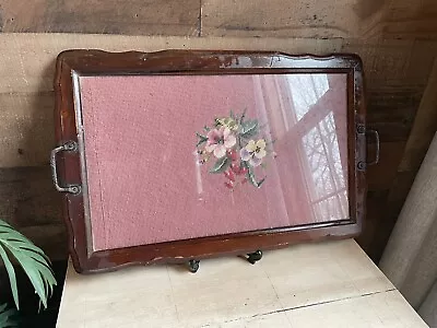 Vintage Wood Glass Serving Tray Bed N’ Breakfast Victorian Needle Point 15x22 • $24.99