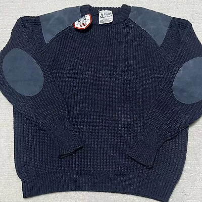 New VTG Lakeland British Wool Knitwear Mens L Sweater Blue Leather Suede Patch • $60