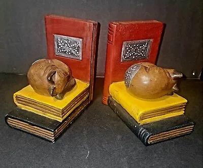 Hand Carved Cat Bookends  Folk Art Thailand 6x6x4 Wood Vintage Metal Detail • $22.50