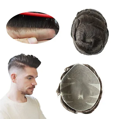 Mens Toupee Hair Replacement Swiss Lace Wigs Wave Human Hair System Hairpieces • £169.99