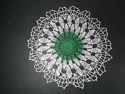 Vintage Doily Handmade Crochet 9  Dia Green White Gorgeous Detailed Lace B4736 • $5.66
