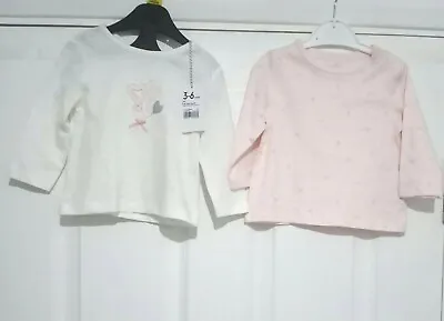 Mothercare Girls Long Sleeve Heart T-Shirt 2-Pack White & Pink Size 3-6 Months • £3.50