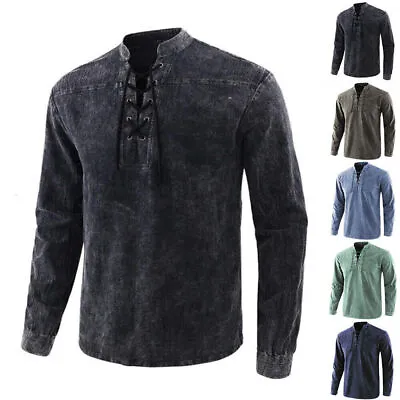 Mens Medieval Vintage Tunic Tops Long Sleeve Shirt Lace Up Costume Blouse Tee· • £10.93