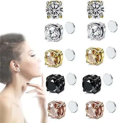 No Piercing Round Magnetic Clip On Ear Stud Men Women Cubic Zirconia Earrings • £3.98