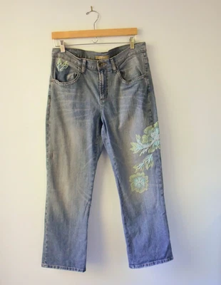 Z Cavaricci Jeans Painted & Beaded Embellished Jeans 12 Flowers VTG Y2K Bootcut • $29.40