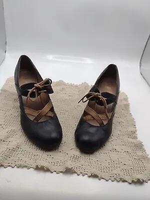 Anthropologie Miss Albright Flapper Mary Jane Black Tan Lace Cross Straps Shoes • $38.99
