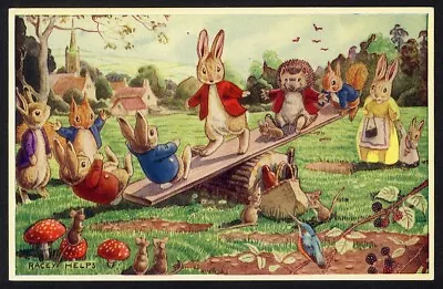 See Saw RACEY HELPS Medici Postcard BUNNY RABBITS Mice HEDGEHOG Squirrel Pkt 254 • $4.95