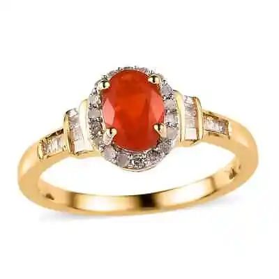 MEXICAN Fire OPAL & DIAMOND Halo RING In Vermeil Yellow GOLD Over Silver. SIZE 9 • $99.99