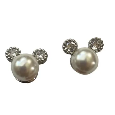Disney Mickey Mouse Stud Earrings Faux Pearls & Crystals Vintage Silver Tone Jun • $21.48