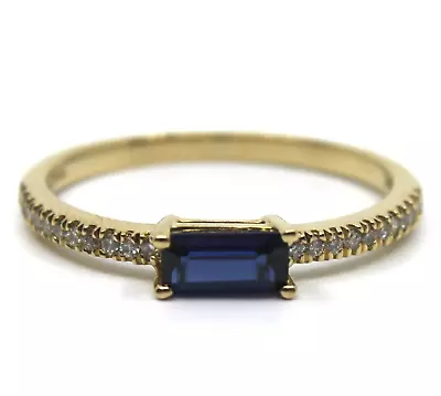 14K Solid Yellow Gold Lab Created Sapphire & Natural Diamond Ring Sz 7 • $189.99