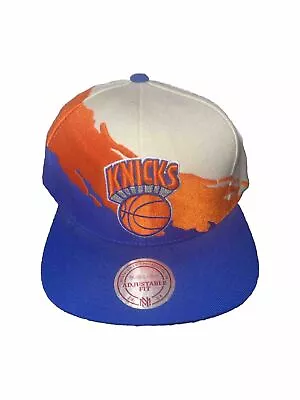 New York Knicks Hat Mitchell & Ness Paintbrush NBA Snapback Cap Blue Orange • $30