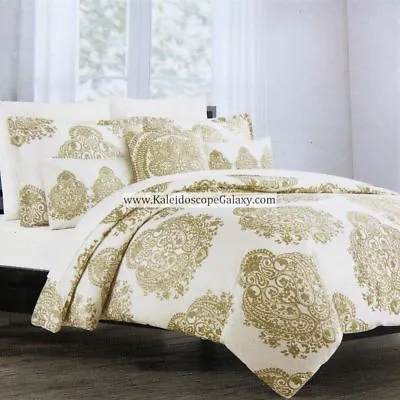 Tahari GOLD FLORAL PAISLEY MEDALLION 3pc FULL QUEEN DUVET COVER NEW MOROCCAN • $129.99