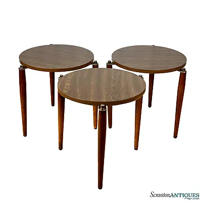 Mid-Century Atomic Walnut Stacking Round Side Tables - Set Of 3 • $480