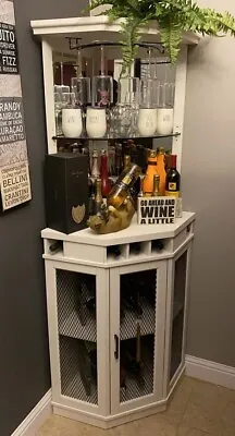 White Wood Corner Mini Bar For Home Liquor Wine Cabinet Shelves With Mirror Back • $299.89