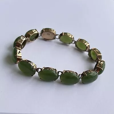 Vintage Estate 14K GOLD Big Green Genuine JADE 7” Jadeite Tennis BRACELET 18.2g • $100