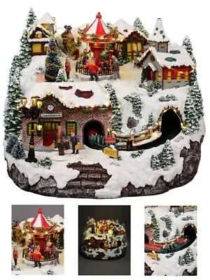 Northern Winter Christmas Village Scene With Rotating Train & Carousel - 26cm • $249.95