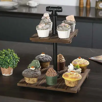 2-Tier Slatted Burnt Wood Square Cupcake Stand W/ Black Metal Pipe Post & Handle • £43.38