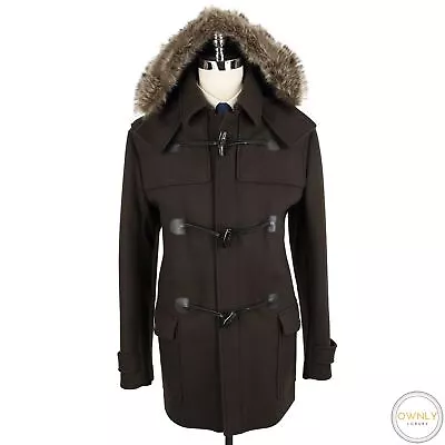LNWOT Salvatore Ferragamo Brown Wool Toggle Raccoon Fur Hooded Parka Coat 46US • $649.99