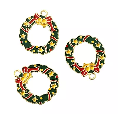 10 Christmas Wreath Charms Green Red Ribbon Enamel Bead Drop 23x20mm Pendants • $4.99