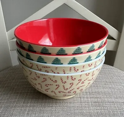 Set Of Four RICE Melamine Bowls - Christmas Trees & Candy Canes *Exc Condition* • £22