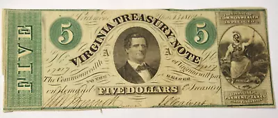 1862 $5 Virginia Treasury Note Confederate Era A840 • $54.99