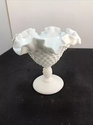 Vtg Fenton Hobnail Milk Glass Ruffled Edge Compote Candy Dish 5”t (D43E) • $14.95
