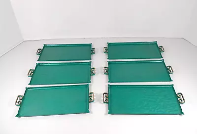 6* Vtg MCM Moire Kyes Glaze Handmade Enameled Brass Cocktail Trays 8x4  Teal • $72