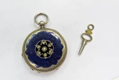 Antique Blue Enamel Pocket Watch Key Wind Ticking 18k On Silver W/diamonds • $124.49