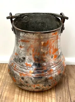 Vintage Turkish Copper And Tin Milk Yogurt Bucket Handled 7” Tall Tapered STURDY • $29.99