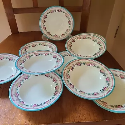 Antique Set 10 Mintons 283 England Turquoise Pink Trim Roses Vine Dessert Bowls • $74.96