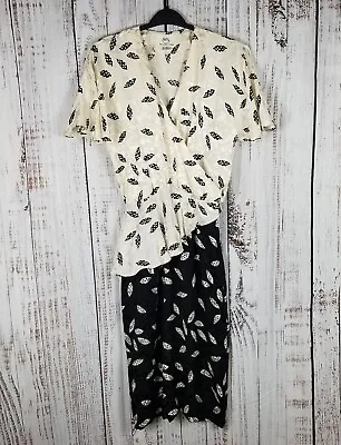 Vintage 70s Malcolm Starr Silk Peplum Dress Sz Medium Black Cream Flutter Sleeve • $125