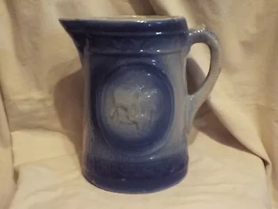 Antique Blue & White Salt Glaze Stoneware Grazing Cows Cattle Pitcher Jug • $45