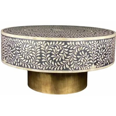 Bone Inlay Floral Design Round Coffee Table With Brass Cladded Base Coffee Table • $1499.99
