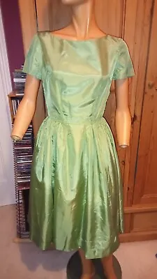 Vintage Genuine 50s Green Lightweight Satin Swing Dress Size 8 • £37.50