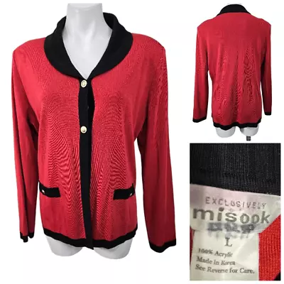 Exclusively Misook Sweater Jacket Size L Red Black Colorblock Knit Long Sleeve • $30.80