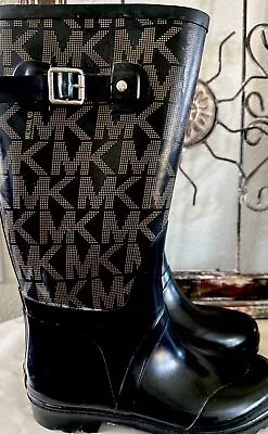 Michael Kors Women's Outdoor Rubber Rain Boots Tall Black/Brown Logo Print SZ 8 • $35