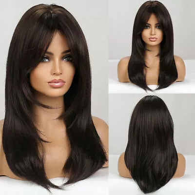 US Brown Hair Wigs With Bangs For Women Long Layered For Daily Party Cosplay Wig • $16.15