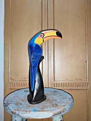 HAND CARVED WOODEN PAINTED TOUCAN JUST OVER 30cm TALL - BLUE • £14.99