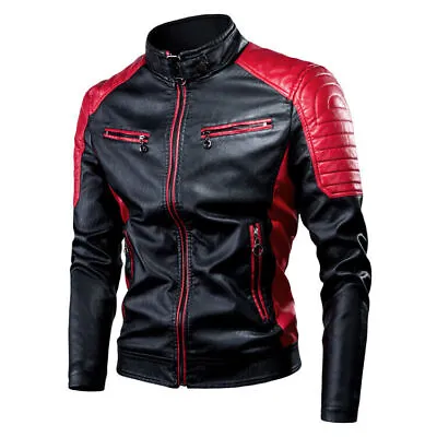 Men's Motorcycle Faux Leather Jacket Warm Zip Coats Casual Machine Jackets XS-XL • $36.86