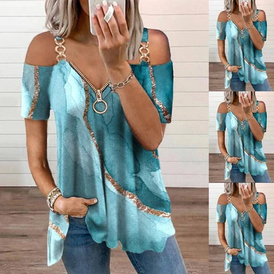 $23.89 • Buy Womens Cold Shoulder T-Shirt Summer Short Sleeve Zipper V Neck Blouse Tops Tee