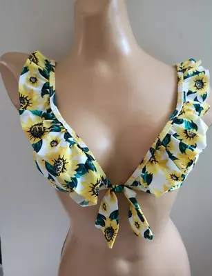 Chainstore  White Yellow Floral Padded Frill Plunge Bikini Top Size 22 New • £6.99