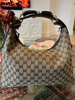 Gucci Auth GG Medium Brown Beige Canvas Leather Horsebit Hobo Bag Monogram • $495