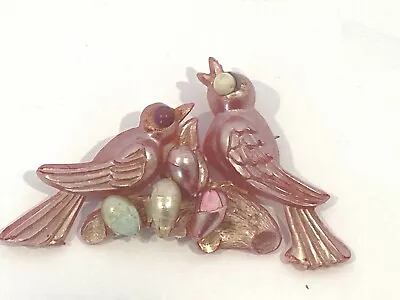 Vintage Birds On Branch Brooch Plastic 40’s Rose Colored Measures 3  • $12.99