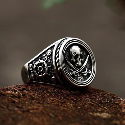 Vintage Pirate Cross Sword Skull Ring Stainless Steel Rudder Skull Men's Ring • $11.98