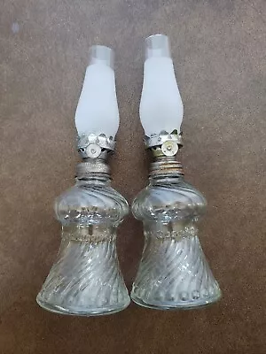 $37.99 • Buy A Pair Of Miniature Antique Or Vintage Oil Lamps - Clear Glass Swirl Design 